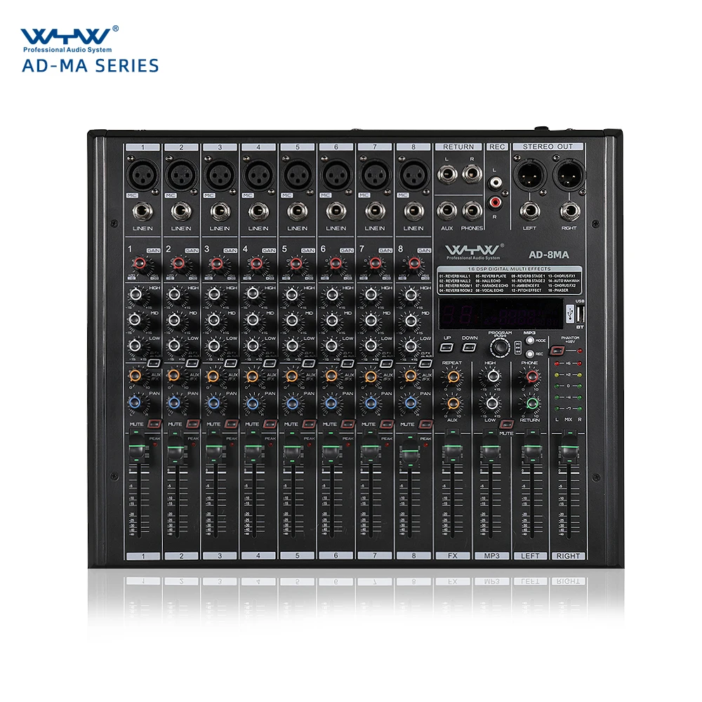 8 channels class AB powered audio mixing console with computer usb interface and wireless connection