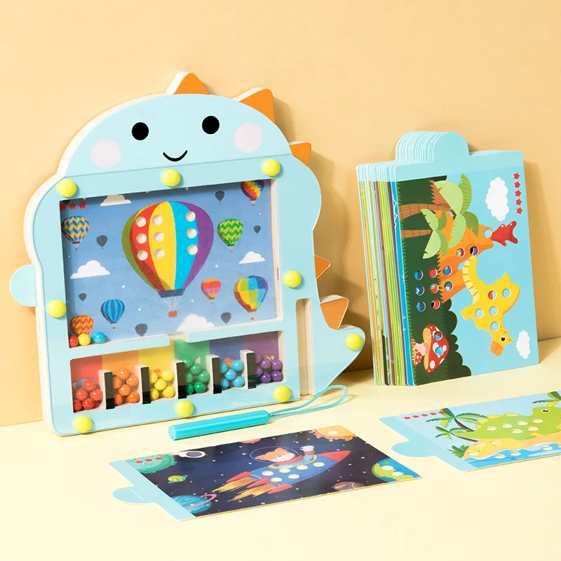 Children Early Education Dinosaur Magnetic Bead Maze Wooden Toy Toddler Color Classification Game Kids Educational Wooden Toys