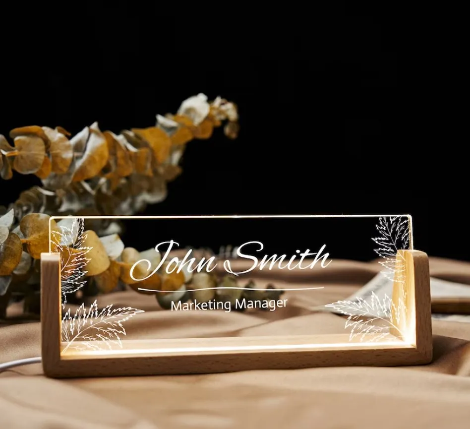 Office Personalized BOSS Coworkers gifts Modern Office Desk LED Lamp Lighted topper acrylic Desk Name Plate with Wooden Base