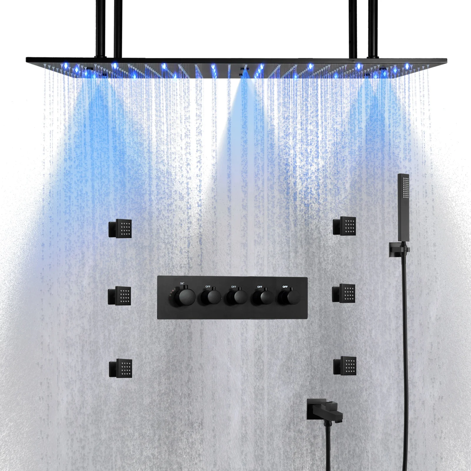 Black 32*16 Inch Hydro Power LED Shower Head Thermostatic Shower Ceiling Embedded Bathroom Rain Mist Shower Faucet Set