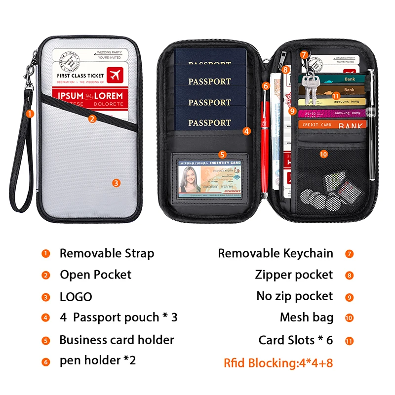 Personal Travelling Portable Safety Wallet Money Card Bag Custom Fireproof Passport Holder