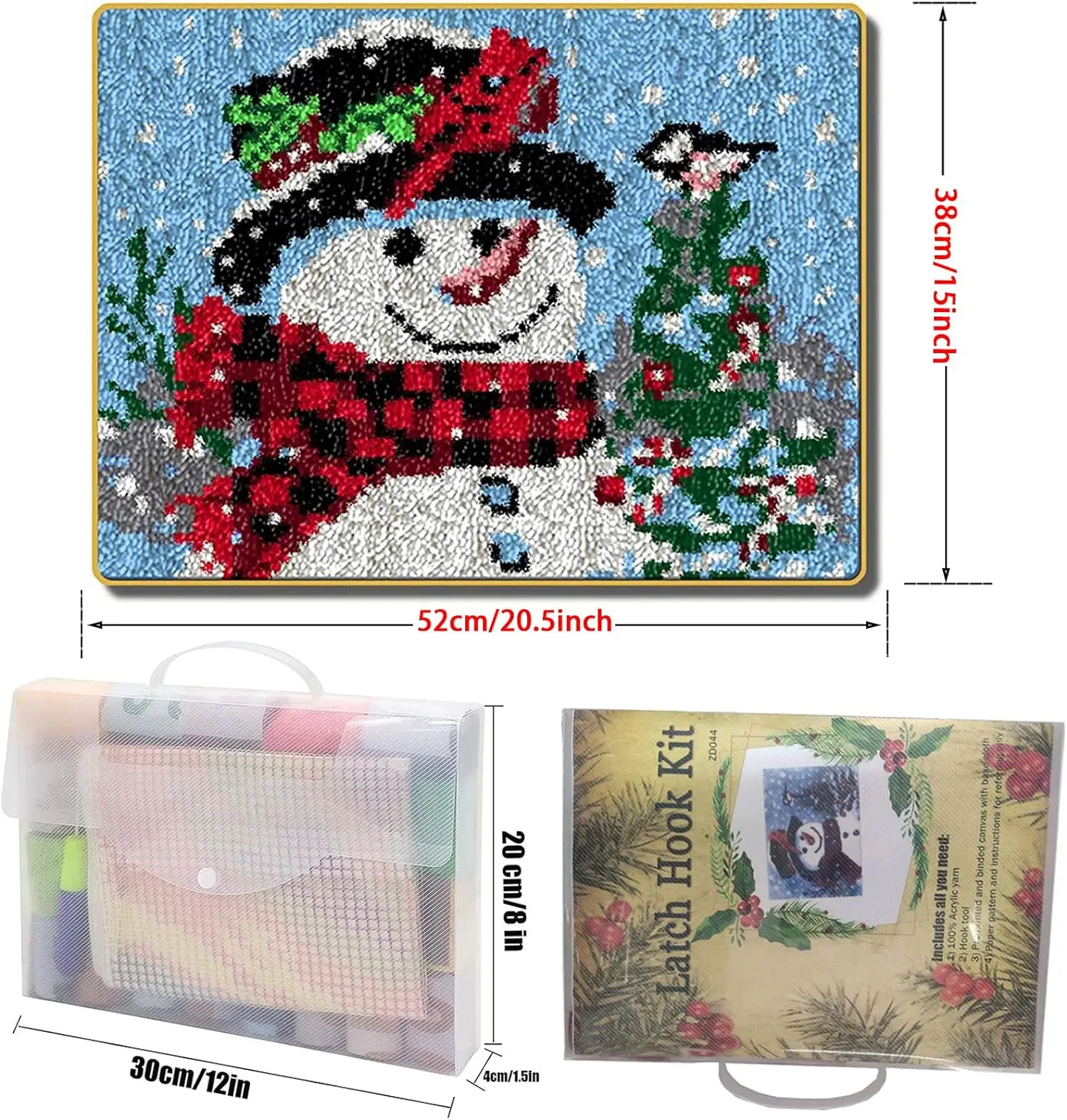 Christmas Snowman Latch Hook Rug Kits, DIY Rug Crochet Yarn Kits Printed Color Canvas Christmas Decoration and Activity