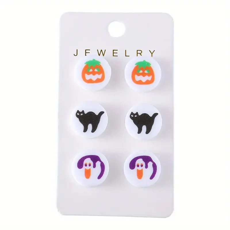 3 Pairs of Intricately Designed Black Bat, Purple Moon, And White Ghost Stud Earrings Set Cute Halloween Dangling Earrings Pack