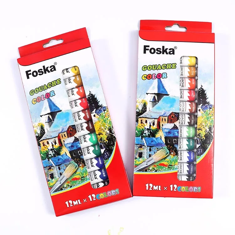 Foska Rich Quality and Opaque Coverage 12 Vibrant Colors Gouache Paint Sets for Artists with 0.4oz 12ml Tube Package