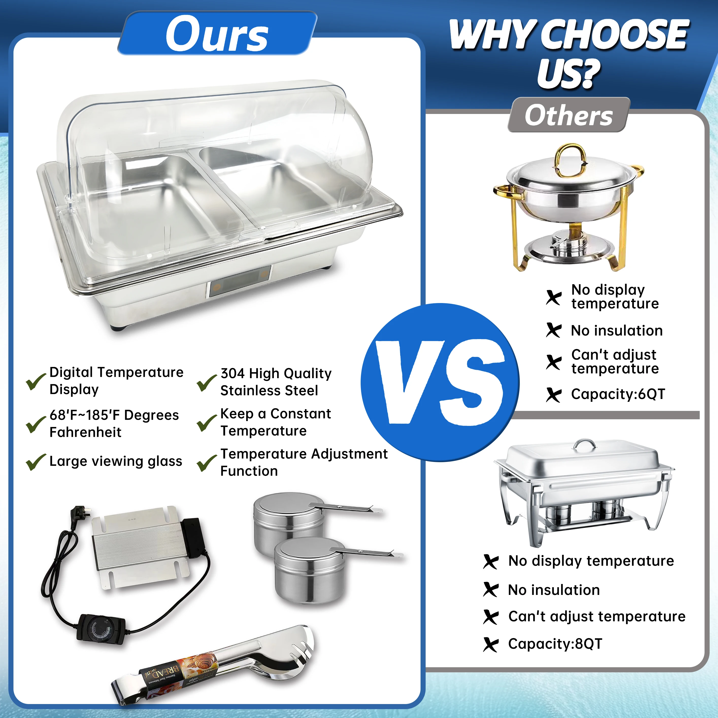 YITIAN Electric Stove 201Stainless Steel PC Cover buffet set Food Buffet Servers Warmers with Roll Top