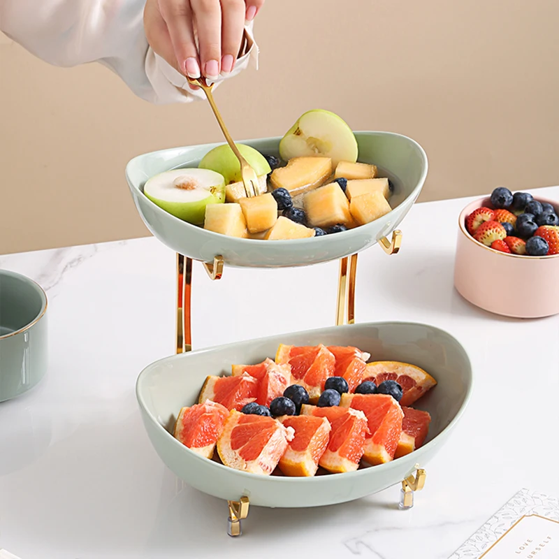 OSBORN Coffee shop Three Tier ceramics Standing Snack fruit Dish plates with Gold Rack