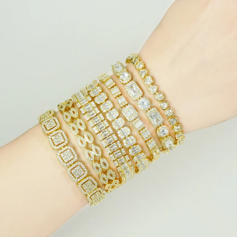 Luxury Iced Out 18K Gold Plated Brass Micro Paved Zircon Copper Adjust Beaded Charm CZ Cuban Chain Tennis Bracelet For Men Women