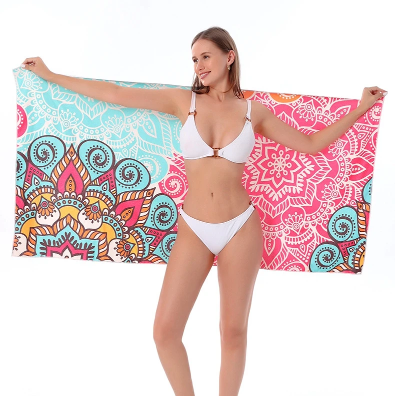 Hot-selling Custom Design Terry Double Side Printed Large Beach Towel Colorful Microfiber Sand Free Beach Towel with Mesh Bag