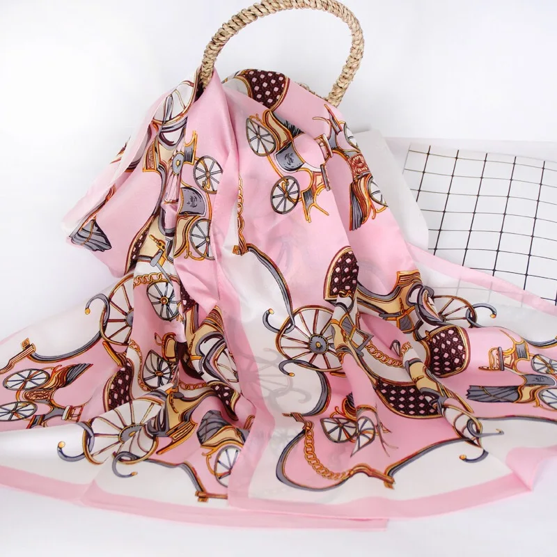 2024 Newest Designs 100% Satin Silk Scarves Ladies Luxury Long Shawls Famous Brand Inspired Custom Print Silk Scarfs Hijabs