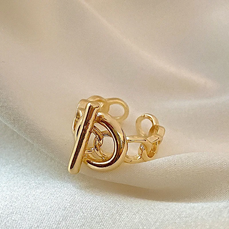 Korean temperament simple chain opening stainless steel ring women luxury fashion personality 18K gold plated adjustable ring