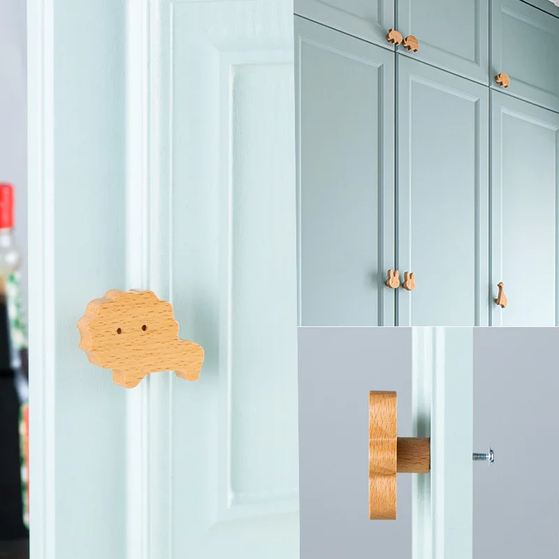 Wood Beech cute animal handle creative hook children room baby room closet drawer handle accessories cabinet handle