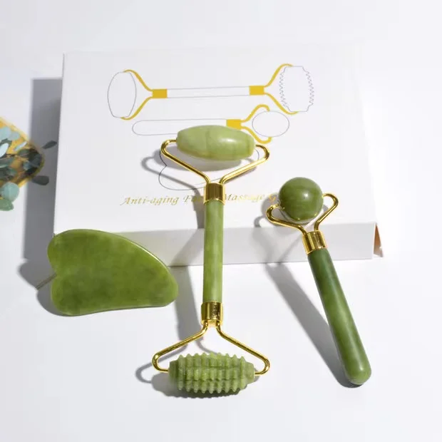 New skin care & tools Natural Jade Facial Roller 3 in 1 jade roller set home use beauty equipment with magnetic box