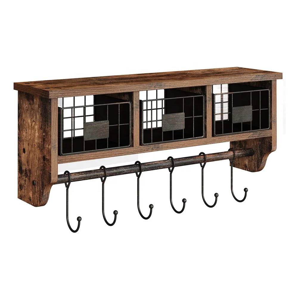 Настенные шкафы для хранения в деревенском стиле, вешалка для пальто, 6 крючков, подвесная полка для хранения, деревянная плавающая полка