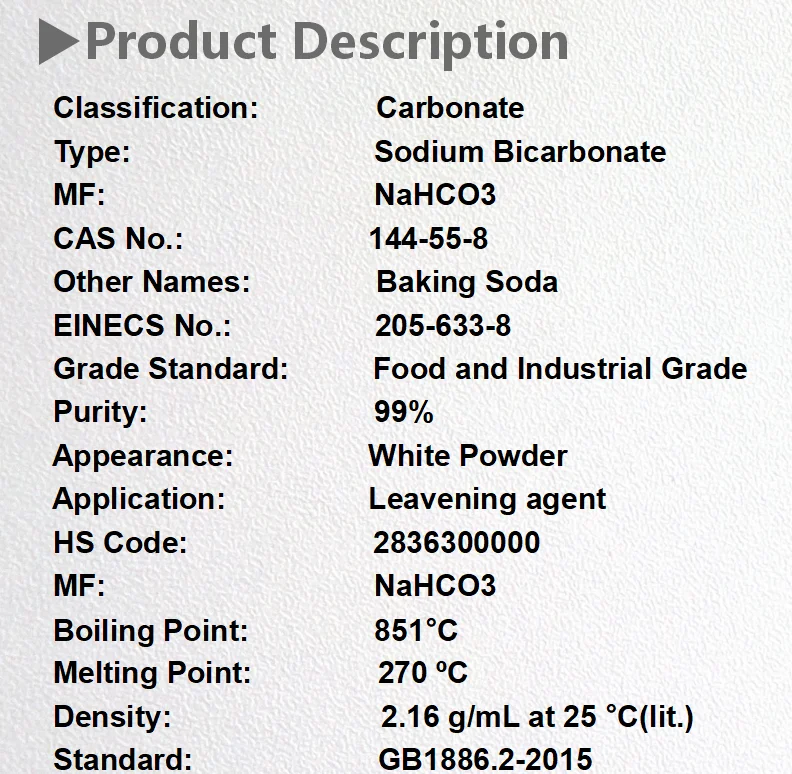 Factory Price Direct Supply NaHCO3 Food Industrial Grade Powder Sodium Bicarbonate 99%min Baking Soda