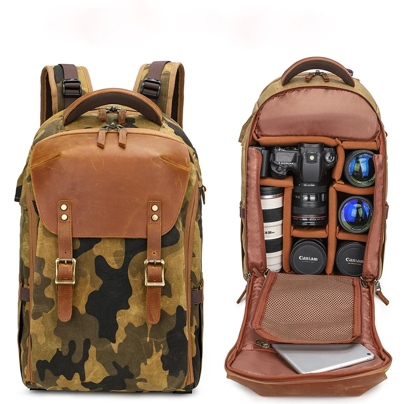 Waxed Canvas Leather Camo Camera Back Pack Large Digital DSLR SLR Camouflage Camera Backpack for Photographers