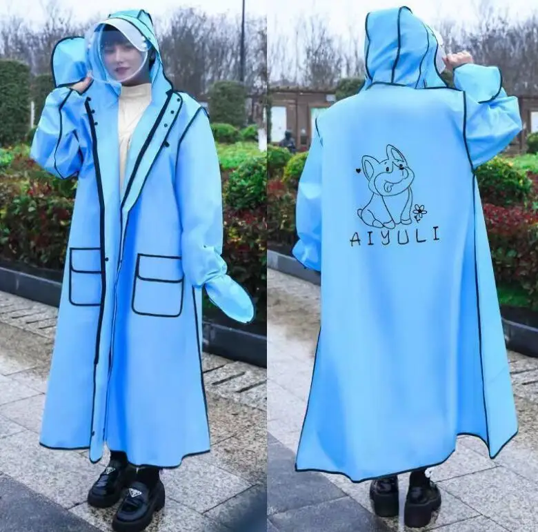 New Fashion EVA Women/ Ladies Waterproof Long Translucent Raincoat Adults Rain Coat With Hat