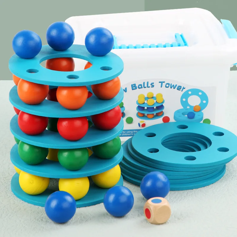 Wooden Rainbow Balls Tower Toys Montessori Rainbow Stacker Balls Building Blocks Learning Color Sensory Educational Toy for Kids