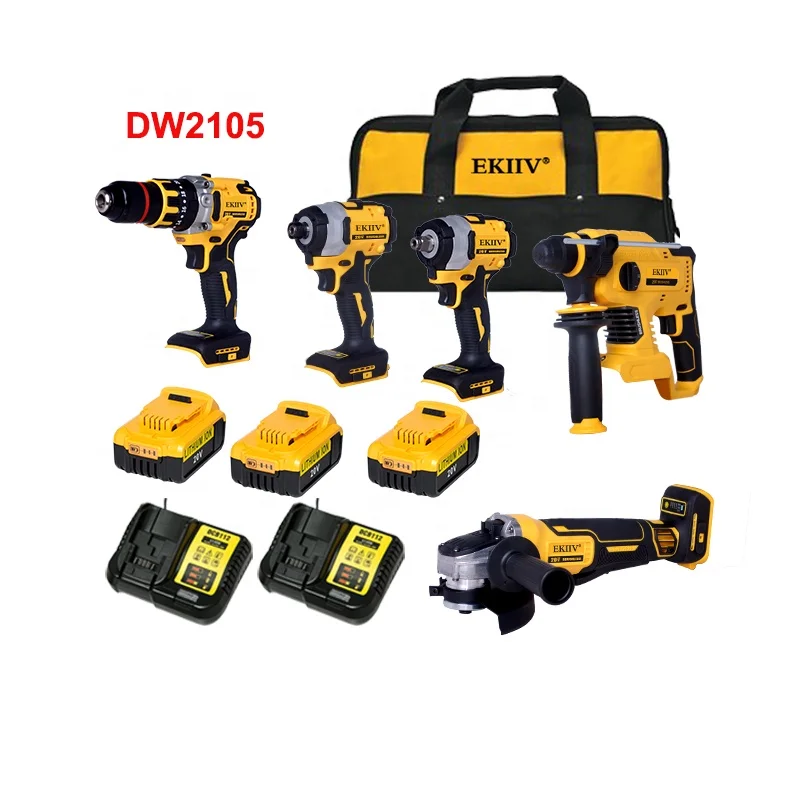 EKIIV 5 in 1 Cordless Power Combo Kit 21v Brushless Screwdriver Impact Wrench Electric Hammer Lithium Battery Tools Set Kit
