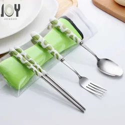 Green Creative Cow Pattern Design Flatware Set of 3 Ceramics Handle Stainless Steel Spoon Fork Chopsticks for Traveling