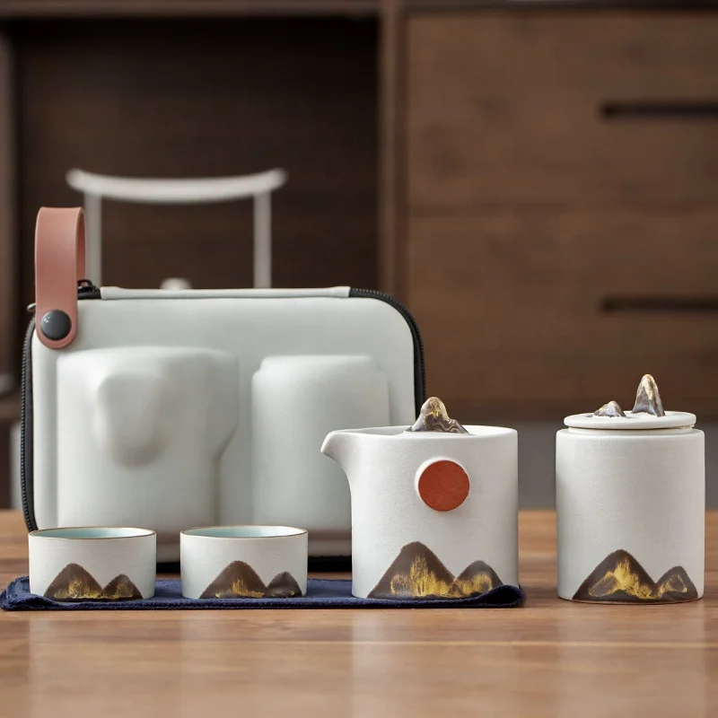 Travel Kung Fu Tea Pot Cup Set - Portable Chinese Ceramic Porcelain Teapot Infuser Gift Bag All in One for Outdoor Picnic