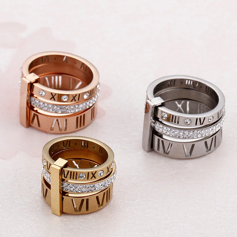 Band Ring Three Layers Roman Numeral Rings Stainless Steel Cubic Zirconia Men 3 in 1 18K Gold Plated Sample Engagement Rings
