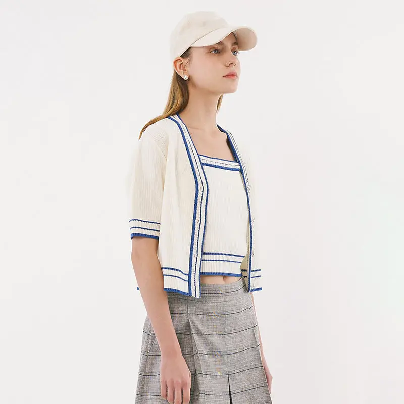 Factory casual knitted short sleeve sweater set woman short cardigan vest tank top sweater set for women
