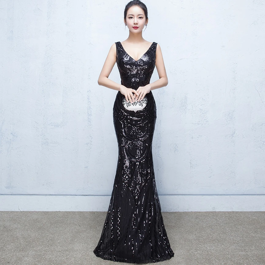 Temperament sling sequins deep V-neck fashion sexy high-end evening dress