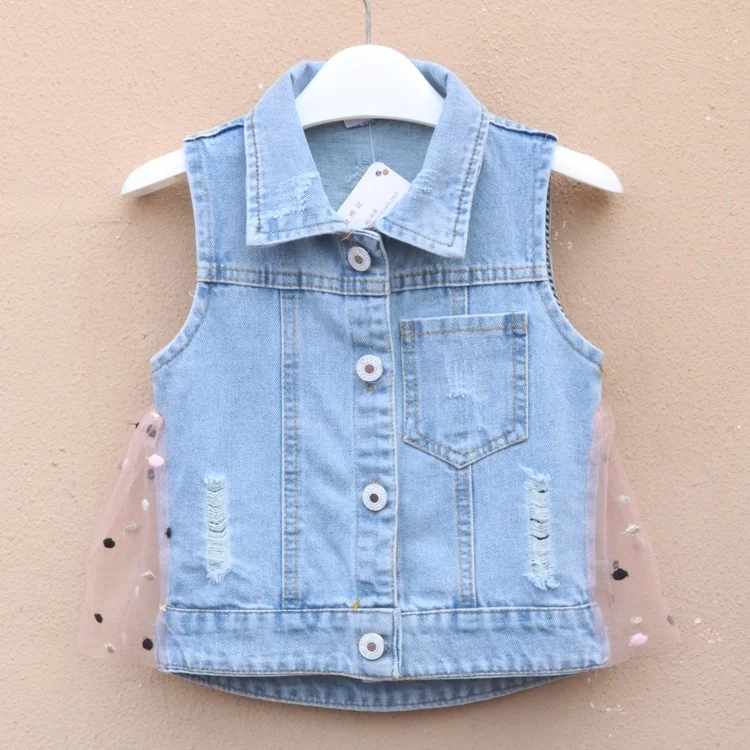 Custom children clothing kid sleeveless denim flocking tulle  girls vest