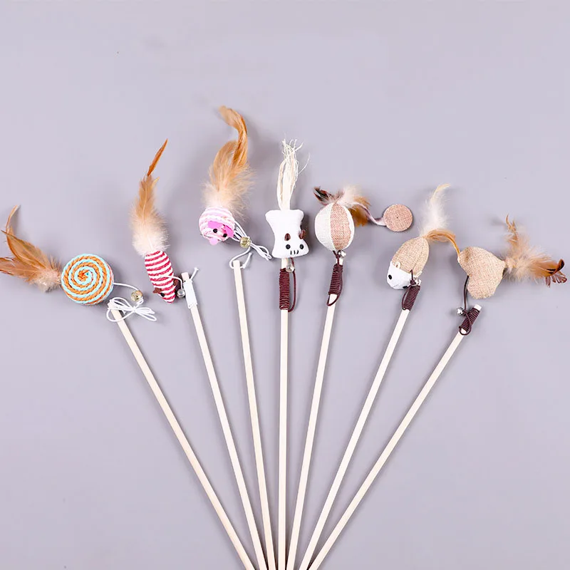 Interactive Fun Cat Teaser Stick Natural Sisal Sturdy Wood Rod Cat Kitten Wand Toys Cat Teaser Stick With Elastic String
