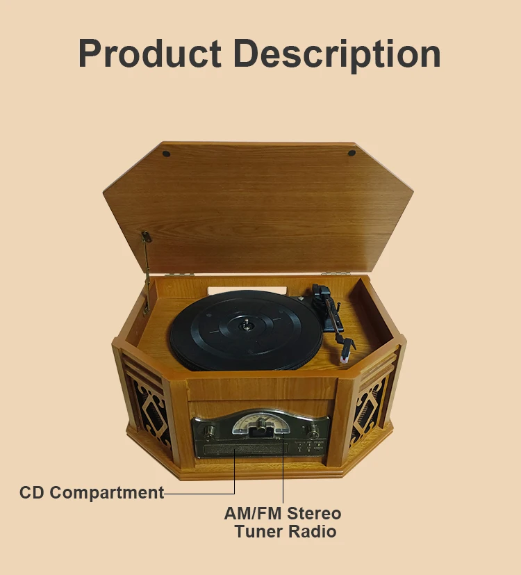 Belt-driven 3-Speed Wooden All-in-one CD/USB/Cassette/BT LP Turntable Vinyl Record Radio Player
