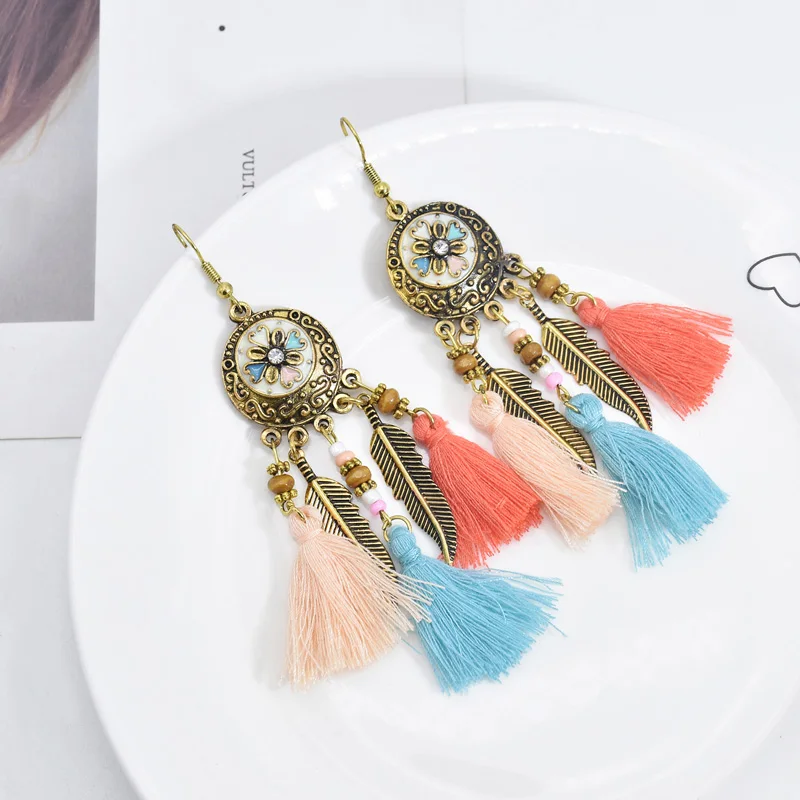 Bohemian Vintage Long Feather Resin Beaded Dangling Earrings Handmade Tassel Earrings Party Jewelry