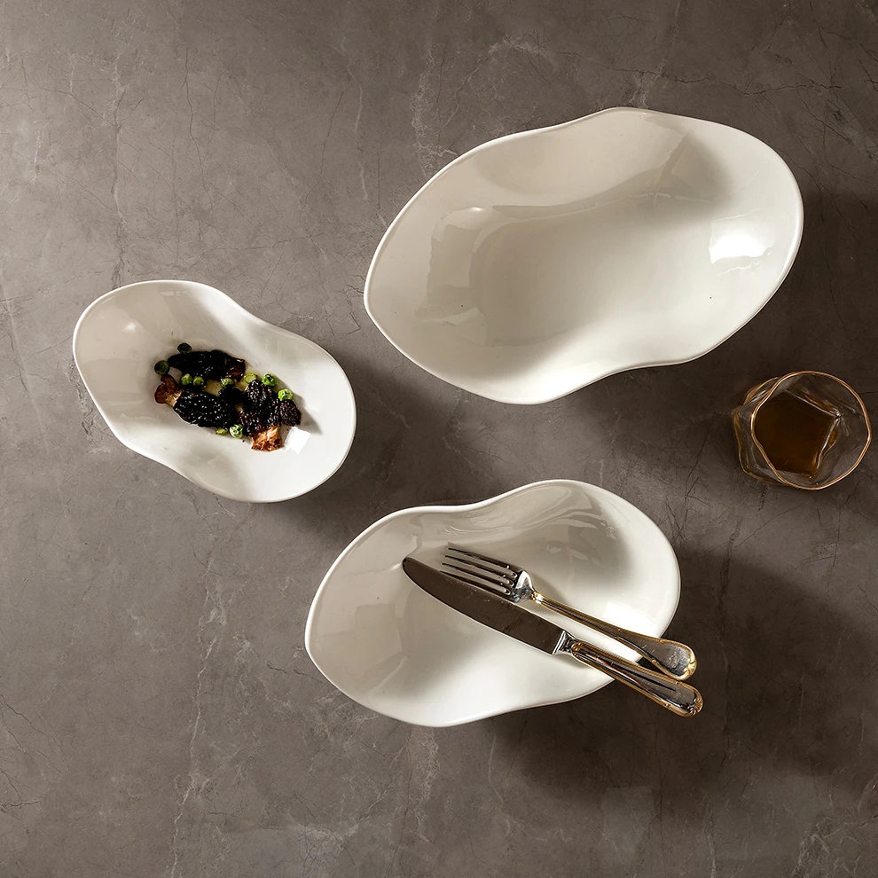 Pure White Ceramic Irregular Bowl For Restaurant Hotel Fine Dining Tableware Supplier Contemporary Design Porcelain Serving Bowl