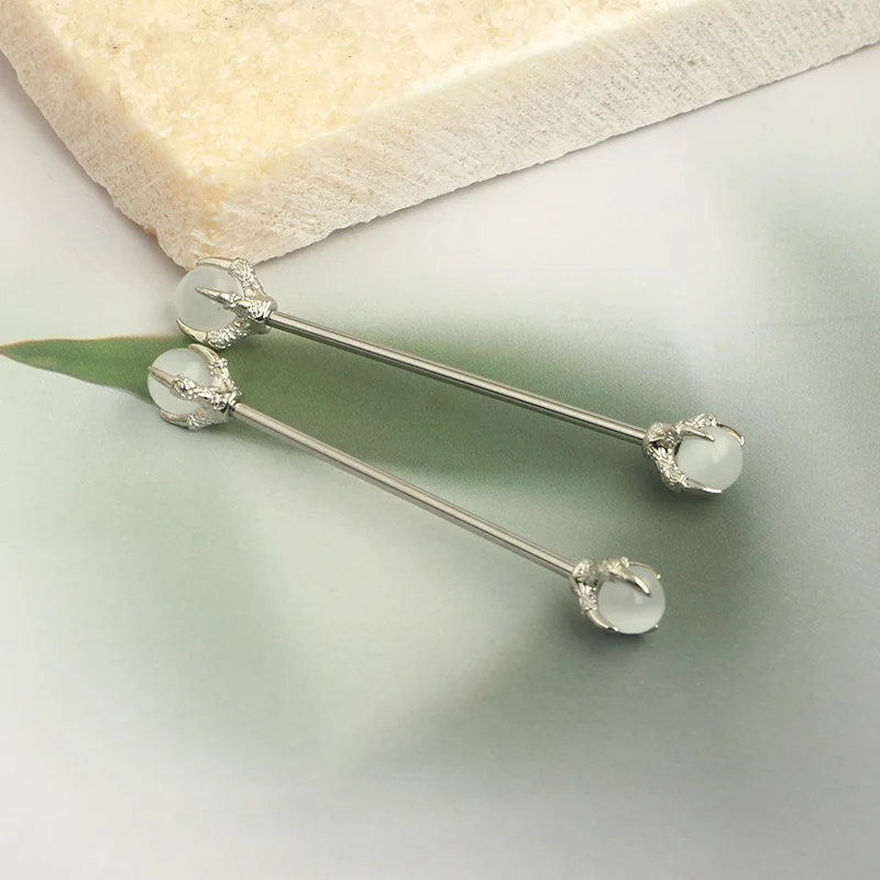 Stainless Steel Opal Stone Industrial Barbell Scaffold Earring Round Ear Stud Cartilage Helix Tragus Piercing Jewelry