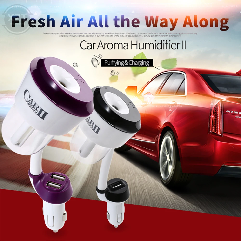 12V Car Air Humidifier Car Air Freshener Purifier Aroma Oil Diffuser Aromatherapy Mist Fogger with 2 USB Car Charger Ports