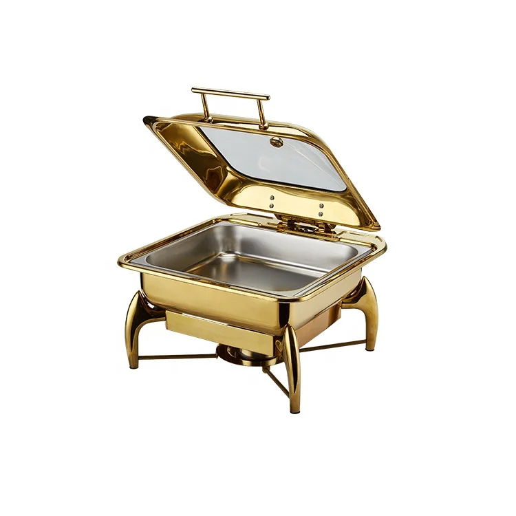 Прямоугольная тарелка из нержавеющей стали, оборудование для кейтеринга, двойная кастрюля, 9 л, золотая, с откидной крышкой