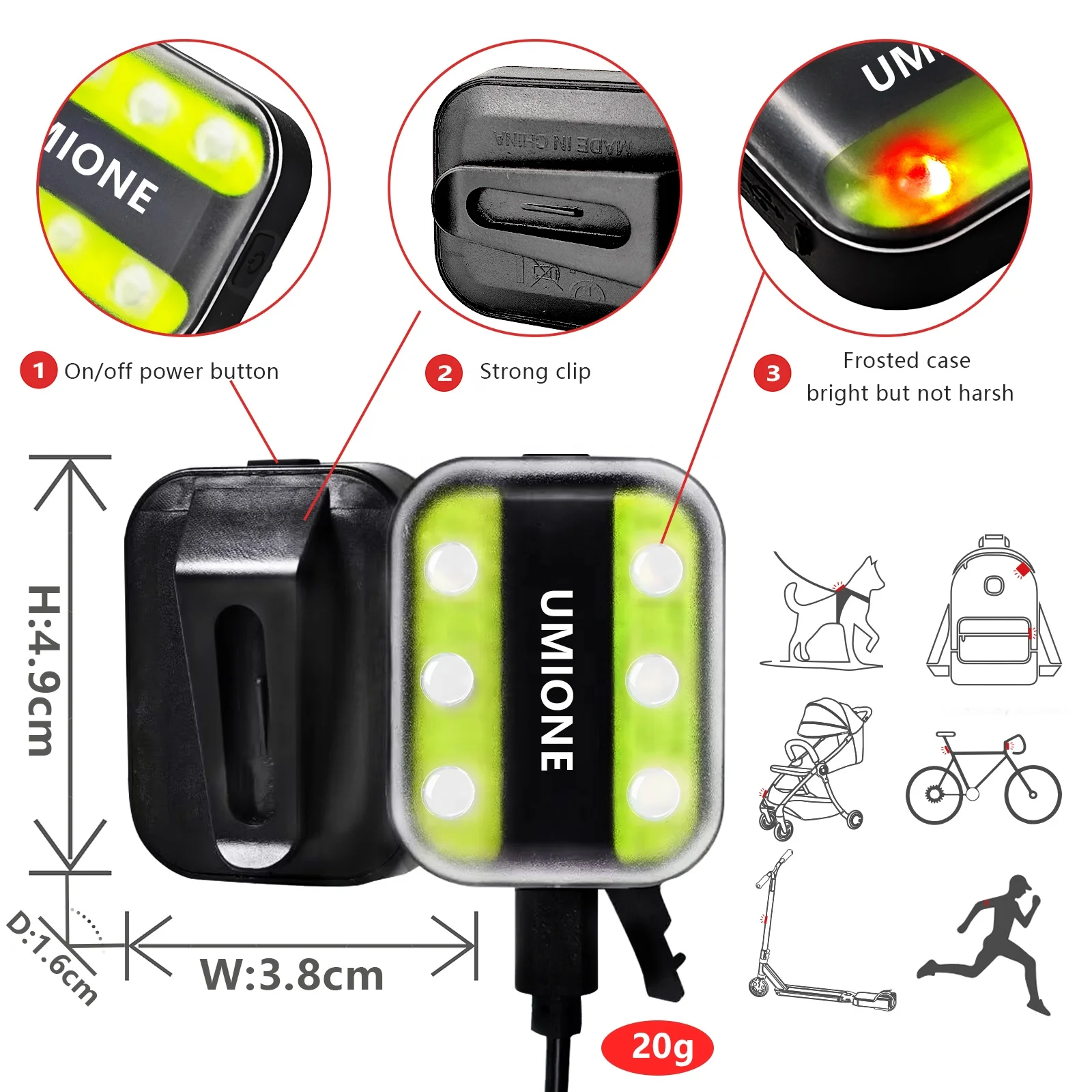 UMIONE BSCI Factory 6 LEDs Clip On Safety Light USB-C Rechargeable Running Lights For Runners With Reflector