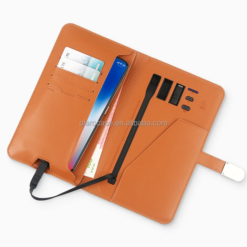 PU Leather Wallet Card Slot Phone Case with Power Bank USB