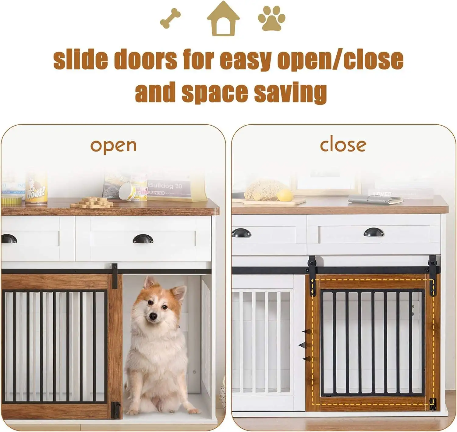 Dog Crate Furniture Kennel with Double Doors Wooden Pet House with 2 Drawers and Storage Cabinet Indoor Dog Cage Farmhouse
