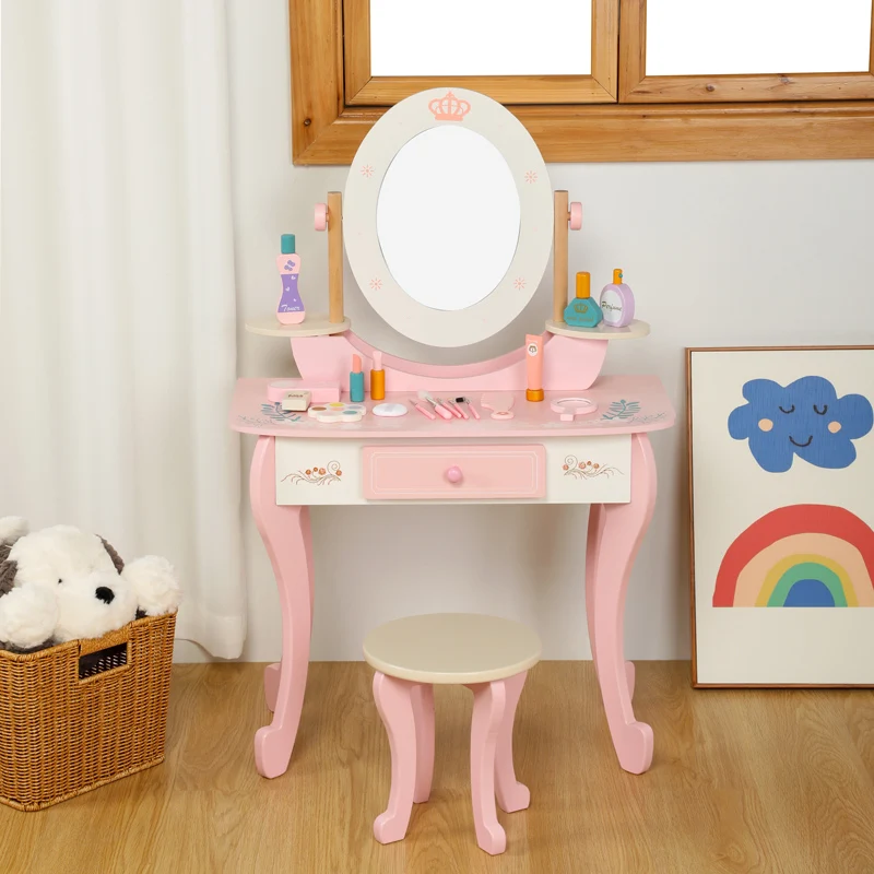New Girl Play Table House Makeup Montessori Wooden Mirror Dressing Table Furniture Education Toy For Kids