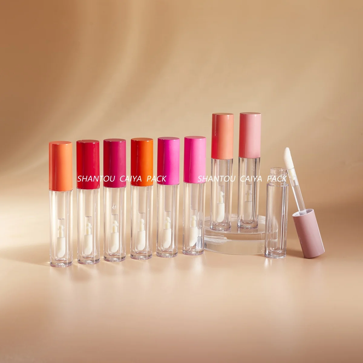 CAIYA UV Glossy Lip Gloss Container Tube Lipgloss Tube with Large Brush 4ML Popular Hot Pink Private Label Empty Lip Tint Bottle