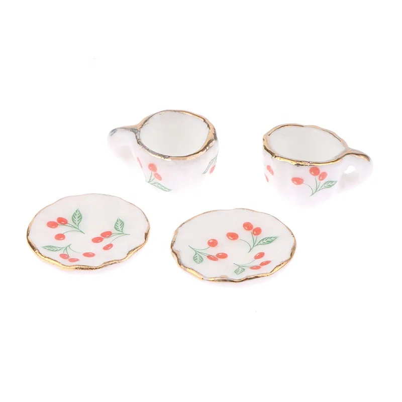 2Set 1:12 Dollhouse Miniature Cherry Ceramic Cup Saucer Kitchen Tableware Model Decor Toy Doll House Accessories