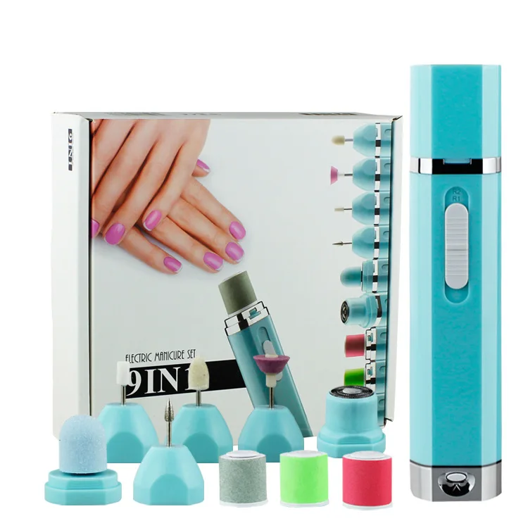 New 9 in 1 Multi-Function Manicure Implement Dry Battery Mini Nail Grinding Machine Electric Nail Piercing Device