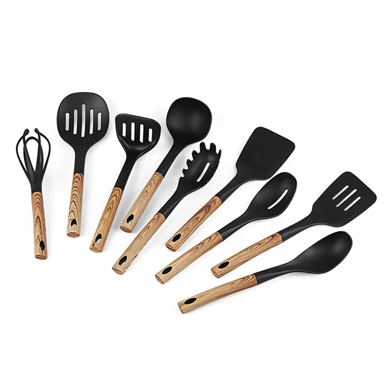 
Amazon hot sell plastic cooking utensil set 9 piece wood pattern handle non-stick nylon kitchen tools for cookware 
