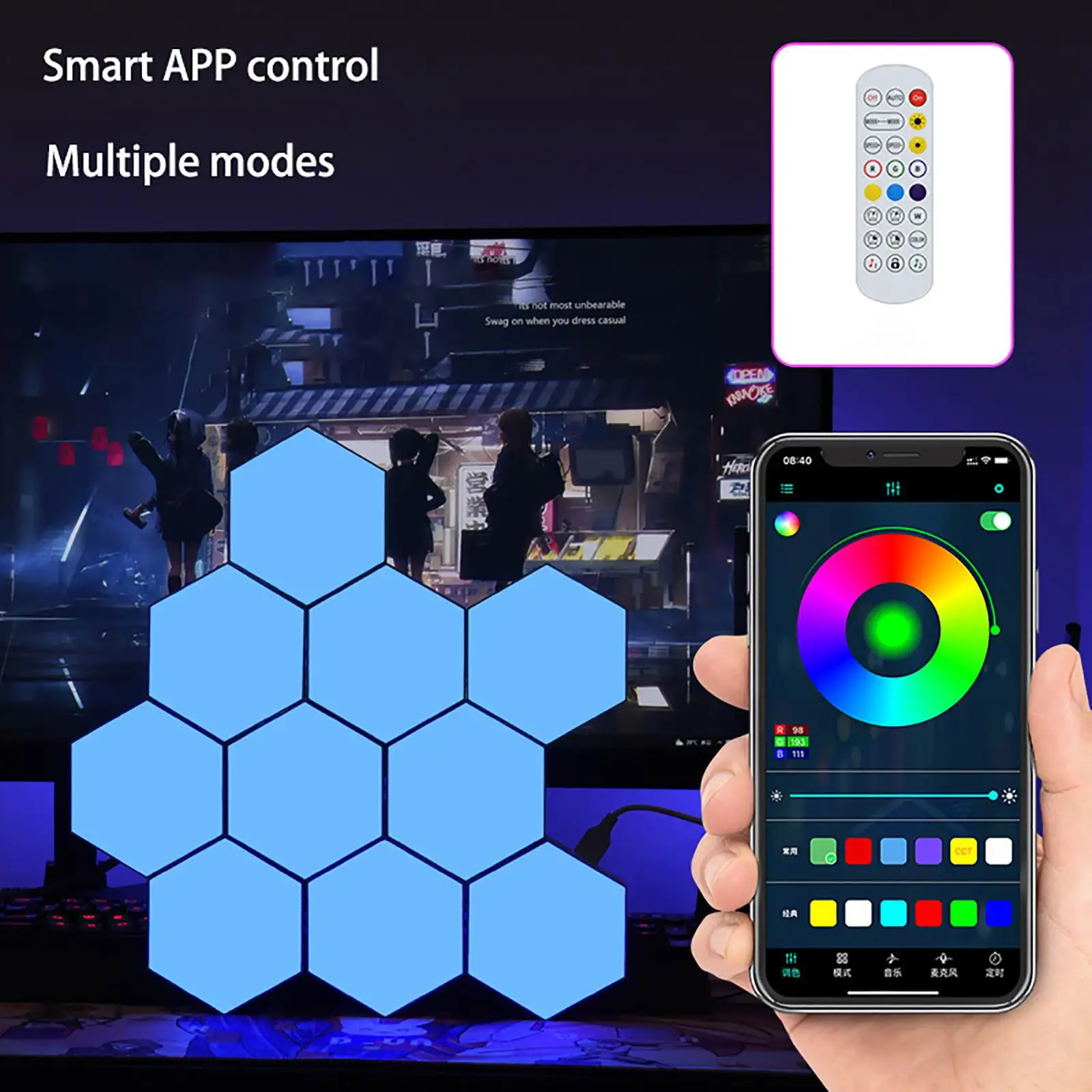 Modern Style Gaming Ambient LED Wall Light with Quantum Smart Backdrop Sound Control Sensor App Remote Acrylic Shade for Bedroom