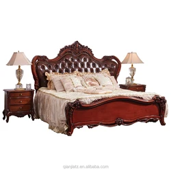 European Royal Luxury Wooden Carved Genuine Leather King Size Furniture Bed Room