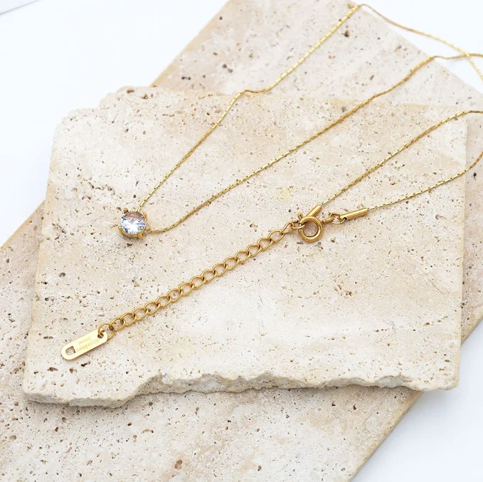 Minority Simple 18k Gold Bamboo Chain Net Red With Four Claws Zircon Necklace Stainless Steel Do Not Fade Color Jewelry Women