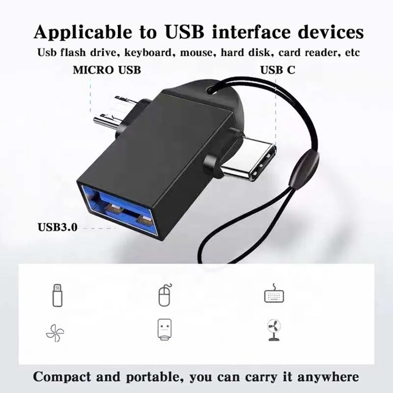 Cantell USB 3.0 Female to Type C Micro USB Fast Charge Data Sync Converter 2 in 1 OTG