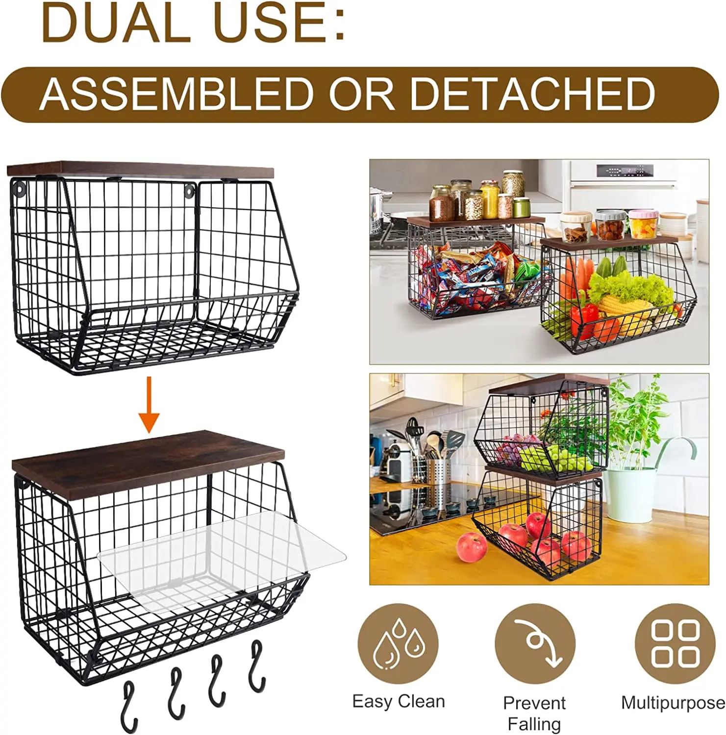 Fruit Basket Onion Storage Wire Baskets with Wood Lid Stackable Wall-mounted Countertop Tiered Kitchen Counter Organizer