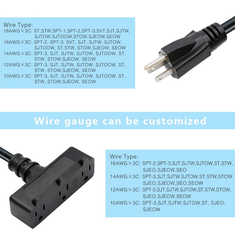 14AWG Extension Cable with 3 Prong Grounded Plug 3 Outlet 5-15R American standard Power cord