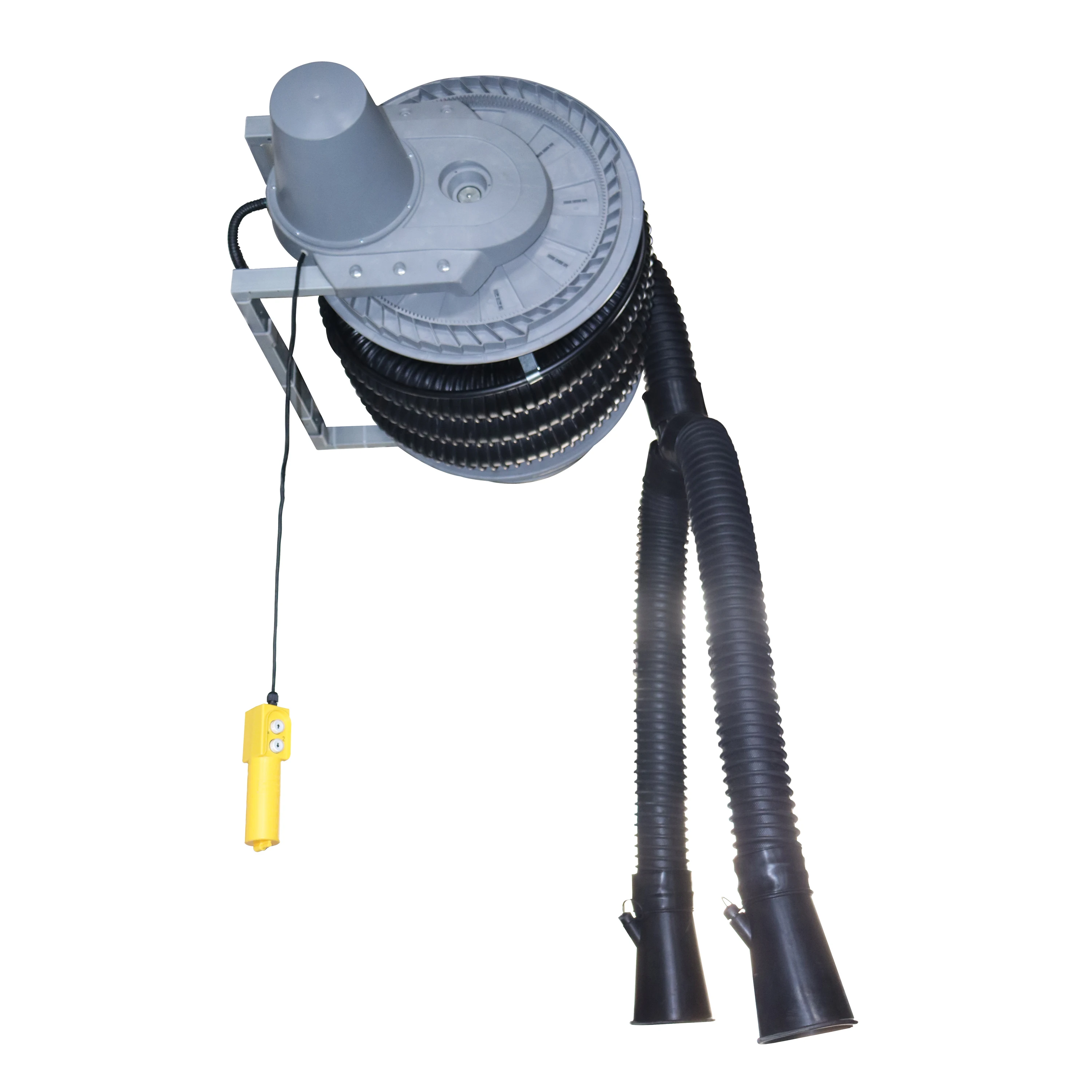 Motor exhaust gas removing hose reel with direct mounted fan and two nozzles